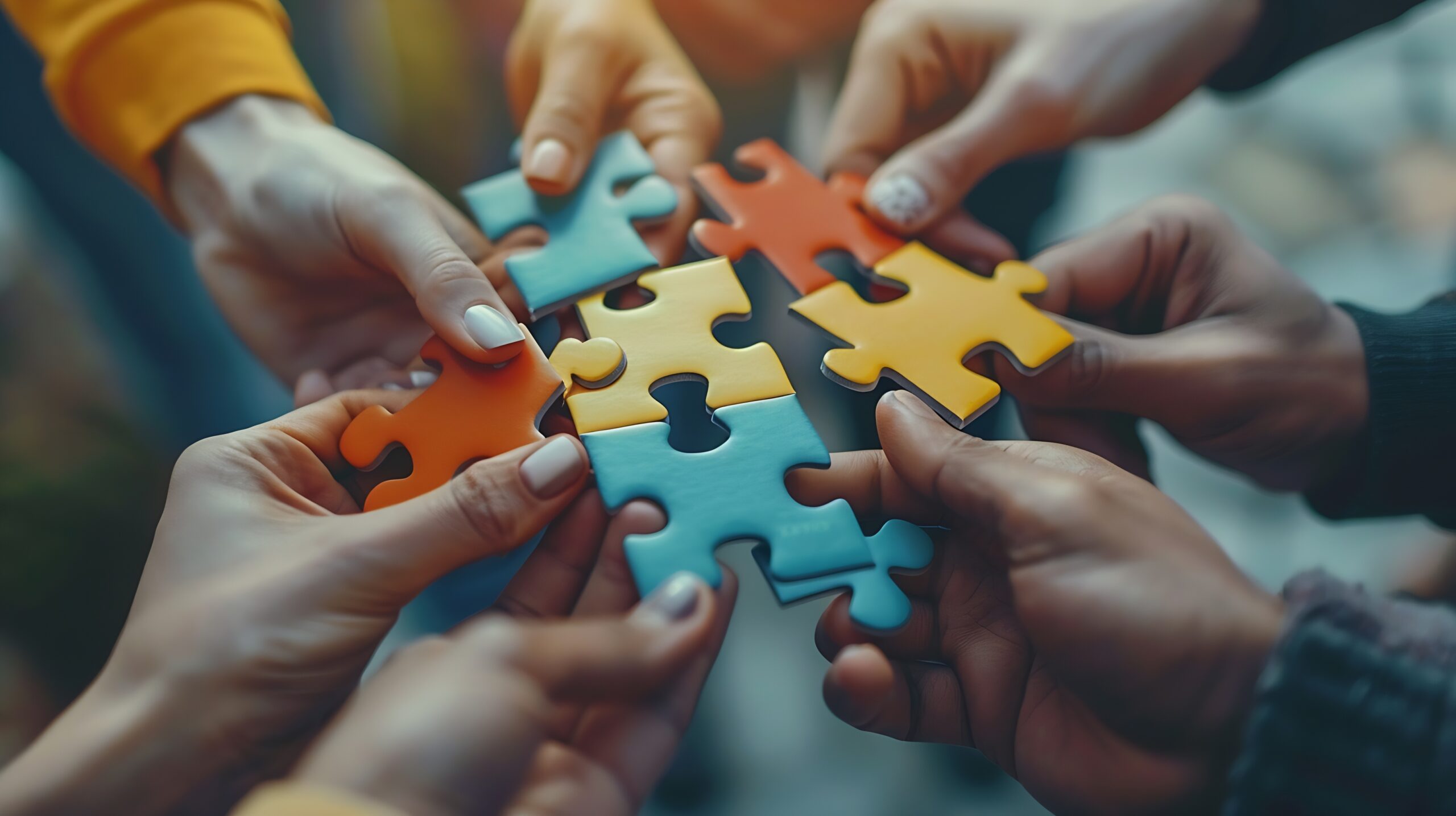 Puzzle above and hands of business people for teamwork collaboration and working together Meeting diversity and workers with jigsaw for problem solving challenge and cooperation in off : Generative AI